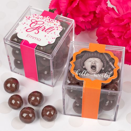 Personalized Girl Birth Announcement JUST CANDY® favor cube with Premium Rum Cordials - Dark Chocolate