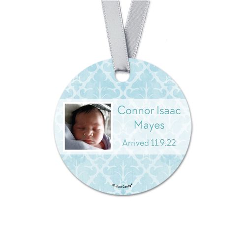 Personalized Round Baby Boy Light Blue Photo Birth Announcement Favor Gift Tags (20 Pack)