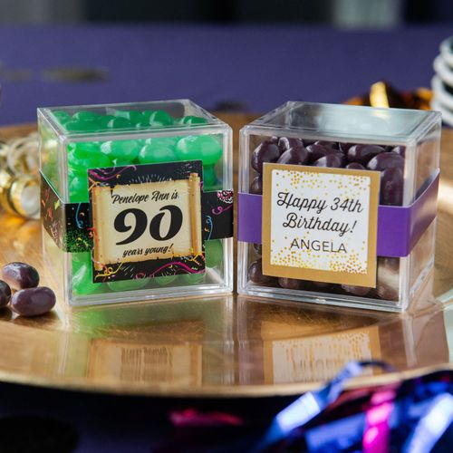 Personalized Milestone 90th Birthday JUST CANDY� favor cube with Jelly Belly Jelly Beans