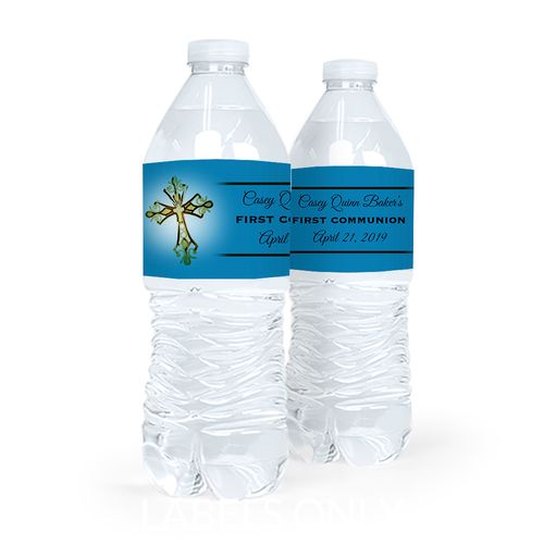 Personalized Communion Gold Cross Water Bottle Sticker Labels (5 Labels)