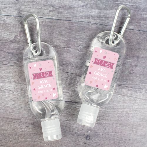 Personalized Baby Shower It's A Girl! Hand Sanitizer with Carabiner 1. fl. Oz.