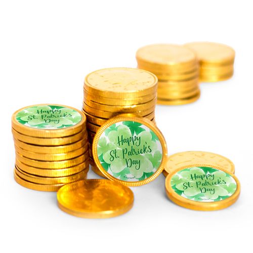 St. Patrick's Day Watercolor Clovers Chocolate Coins with Stickers (84 Pack)