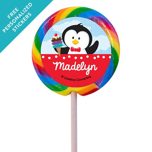 Birthday Personalized 3" Rainbow Swirly Pop Penguin 1st Birthday (12 Pack)