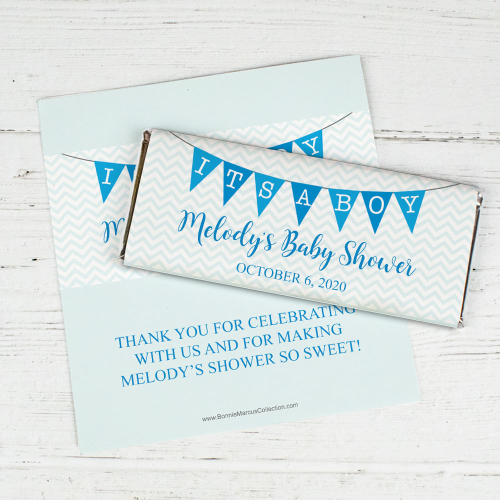 Personalized Bonnie Marcus Baby Shower Chevron Banner Boy Chocolate Bar ...