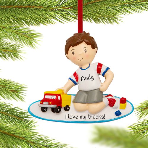 Boy Playing with Toy Truck Ornament