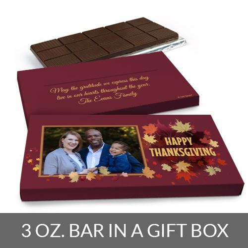 Deluxe Personalized Thanksgiving Leaves with Photo Chocolate Bar in Gift Box (3oz Bar)
