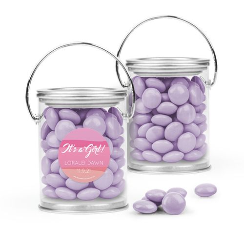 Personalized Girl Birth Announcement Favor Assembled Paint Can with Just Candy Milk Chocolate Minis
