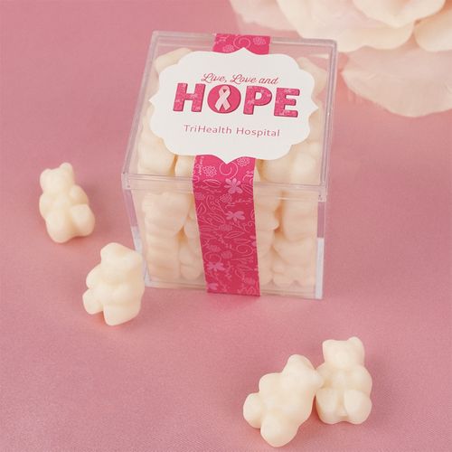 Personalized Breast Cancer Awareness Live Love Hope JUST CANDY® favor cube with Gummy Bears