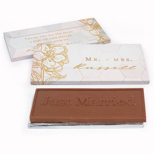Deluxe Personalized Wedding Blushing Dream Embossed Just Married Chocolate Bar in Gift Box