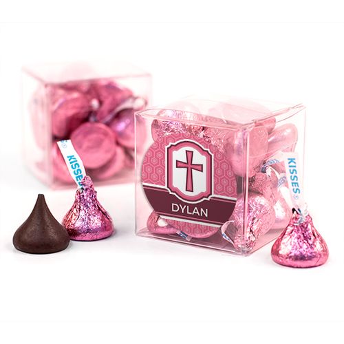 Personalized Confirmation Pink Hexagonal Pattern Engraved Cross Clear Gift Box with Sticker