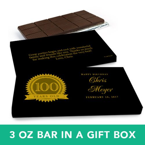 Deluxe Personalized Birthday 100th Milestones Seal Belgian Chocolate Bar in Gift Box (3oz Bar)