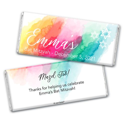 Personalized Bat Mitzvah Rainbow Watercolor Chocolate Bar & Wrapper