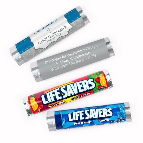 Personalized Communion Fluer Di Lis Cross Lifesavers Rolls (20 Rolls)