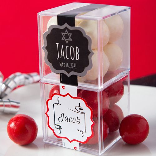 Personalized Bar Mitzvah JUST CANDY® favor cube with Premium Malted Milk Balls