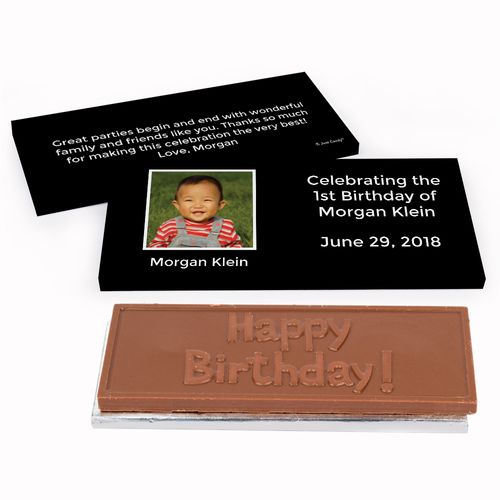 Deluxe Personalized First Birthday Photo & Message Chocolate Bar in Gift Box
