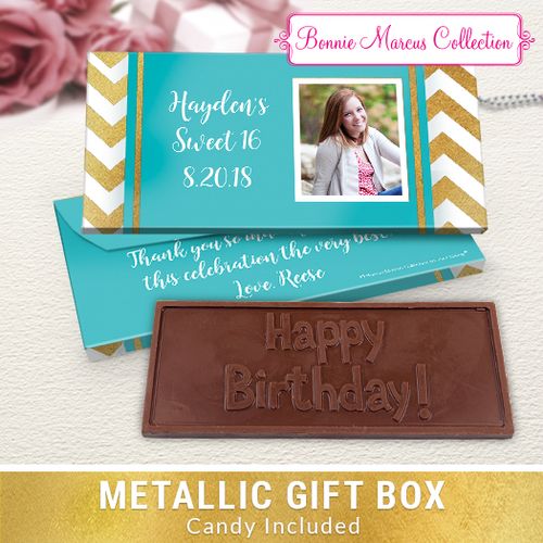 Deluxe Personalized Birthday Turquoise Chevron Chocolate Bar in Metallic Gift Box