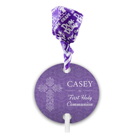 Personalized Girl First Communion Elegant Cross Dum Dums with Gift Tag (75 pops)