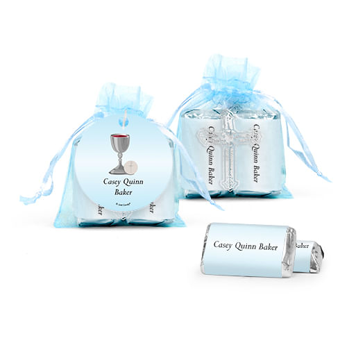 Personalized Communion Host and Silver Chalice Cross Organza Bag with Hershey's Miniatures