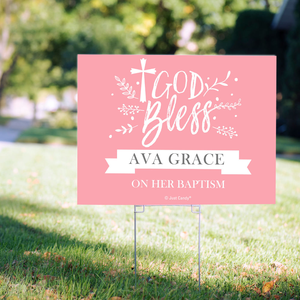 Personalized Baptism Yard Sign Floral God Bless - JustCandy.com
