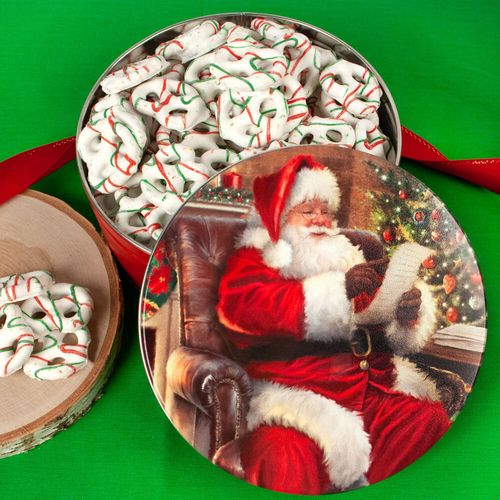 Christmas Checking It Twice Tin with Holiday Yogurt Pretzels (1lb approx 80 pcs)