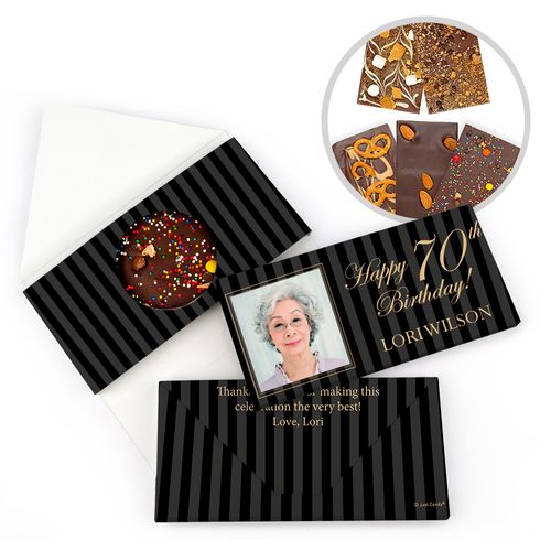 Personalized Milestone Birthday 70th Photo Pinstripes Gourmet Infused Belgian Chocolate Bars (3.5oz)