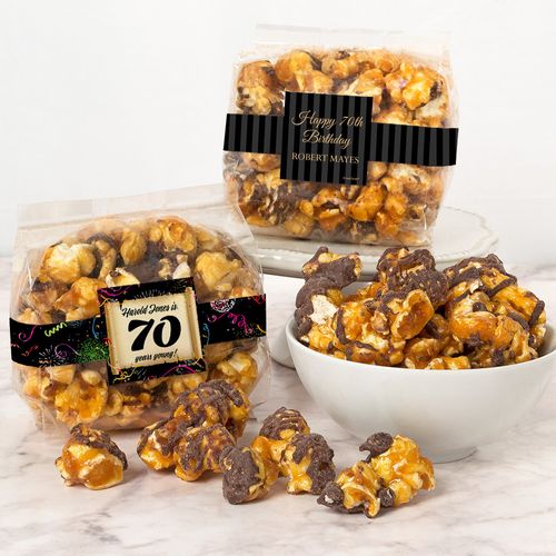 Personalized Milestone 70th Birthday Chocolate Caramel Sea Salt Gourmet Popcorn 3.5 oz Bags