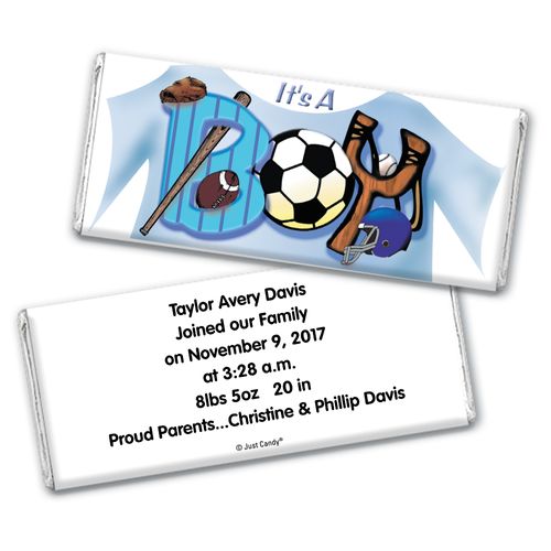 Baby Boy Announcement Personalized Chocolate Bar Sports "It's a Boy"