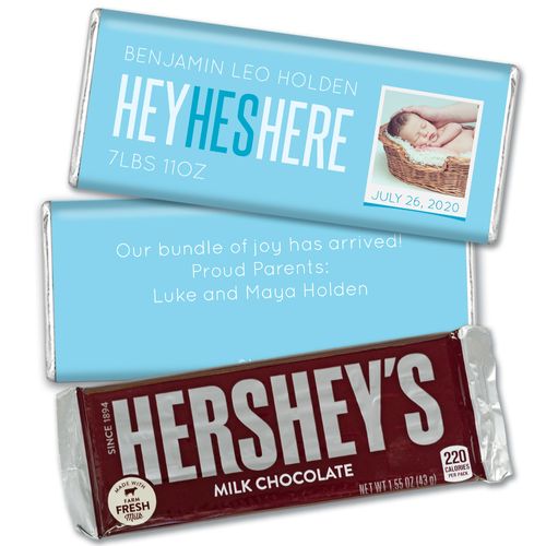 Personalized He's Here! Baby Boy Birth Announcement Hershey's Chocolate Bar & Wrapper