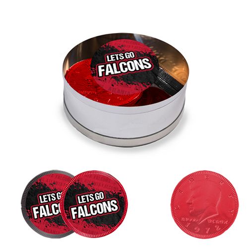 Let's Go Falcons Milk Chocolate Coins in Small Silver Plastic Tin (12 Coins w/ stickers)