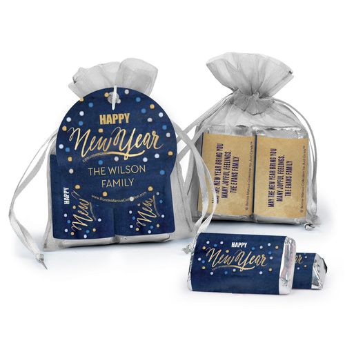 Personalized Bonnie Marcus New Year's Eve Midnight Celebration Hershey's Miniatures in Organza Bags with Gift Tag