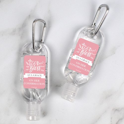 Personalized Confirmation Hand Sanitizer with Carabiner Floral God Bless 1 fl. oz bottle