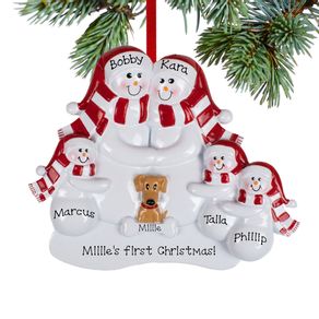 Snowman Family of 5 with 1 Brown Dog Ornament