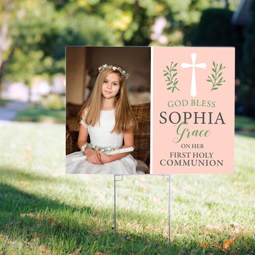 Personalized Communion Yard Sign Pink God Bless