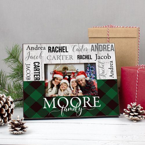 Personalized Christmas Rustic Plaid Family of 4 Picture Frame