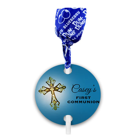 Personalized Boy First Communion Gold Cross Dum Dums with Gift Tag (75 pops)