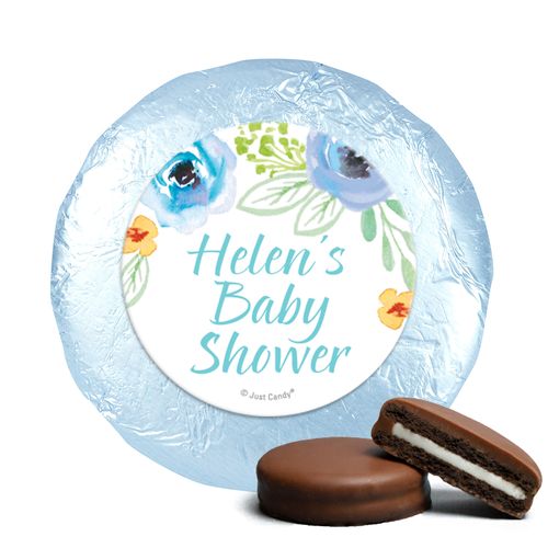 Personalized Bonnie Marcus Baby Shower Watercolor Blossom Wreath Blue Milk Chocolate Covered Oreos