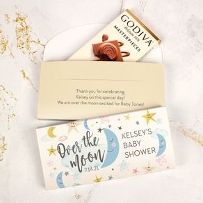 Deluxe Personalized Baby Shower Over the Moon Godiva Chocolate Bar in Gift Box