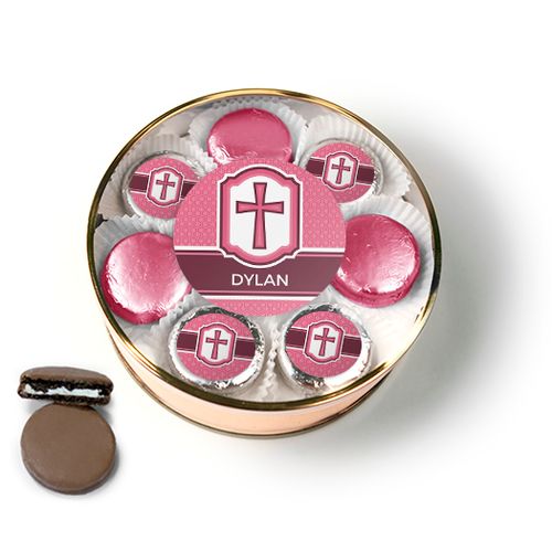 Personalized Confirmation Pink Hexagonal Pattern Engraved Cross Chocolate Covered Oreo Cookies Extra-Large Plastic Tin
