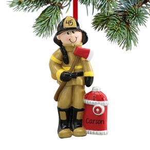 Fireman Holding an Axe by Red Fire Hydrant Ornament