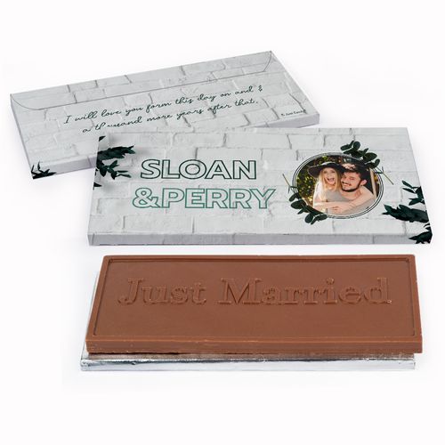 Deluxe Personalized Wedding Contemporary Foliage Embossed Just Married Chocolate Bar in Gift Box