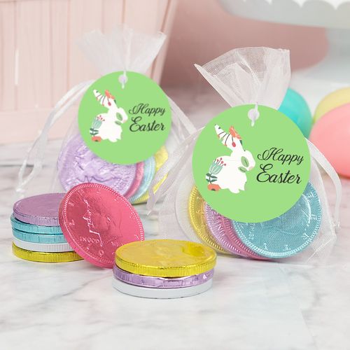 Easter Floral Bunny Chocolate Coins in XS Organza Bags with Gift Tag