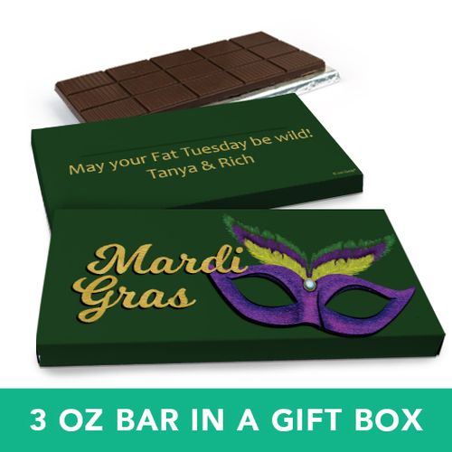 Deluxe Personalized Mardi Gras Masquerade Chocolate Bar in Gift Box (3oz Bar)