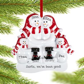 Snowman Family of 4 with 2 Black Dogs Ornament