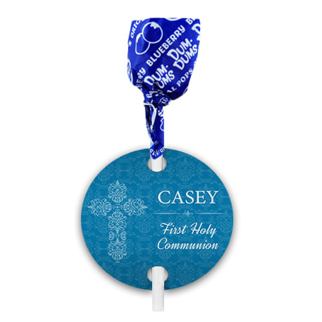 Personalized Boy First Communion Elegant Cross Dum Dums with Gift Tag (75 pops)
