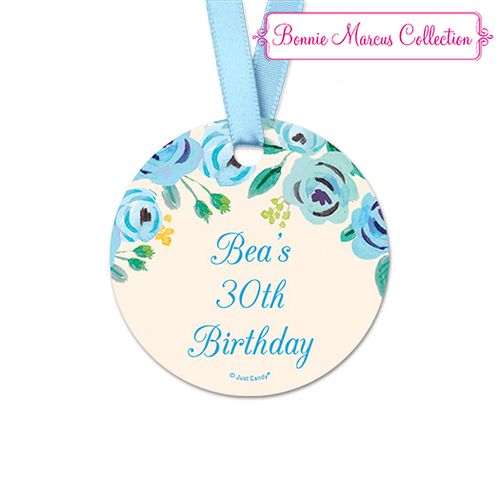 Personalized Round Blue Flowers Birthday Favor Gift Tags (20 Pack)