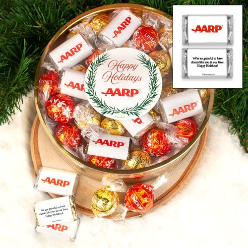 Personalized Add Your Logo Extra-Large Plastic Tin with Approx 1.2lb Personalized Hershey's Miniatures and Lindor Truffles by Lindt