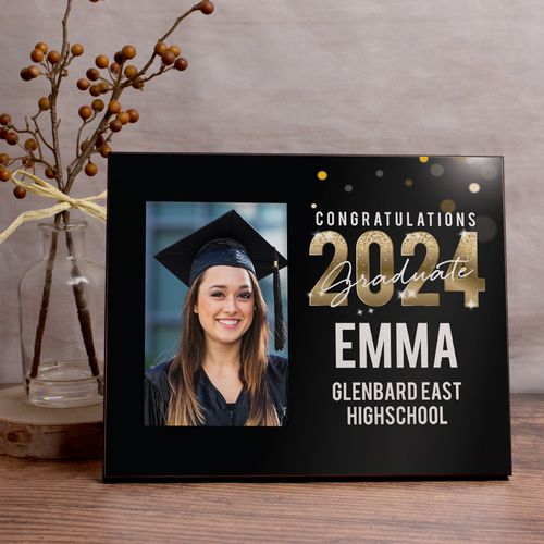 Personalized Graduation Black and Gold Sparkle Picture Frame