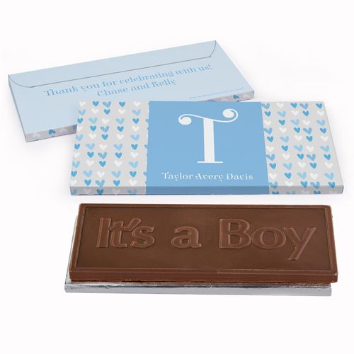 Deluxe Personalized Baby Boy Announcement Blue Hearts Chocolate Bar in Gift Box