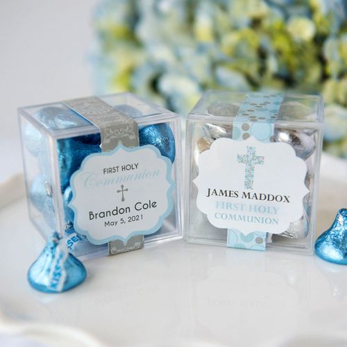 Personalized Boy First Communion JUST CANDY® favor cube with Hershey's Kisses