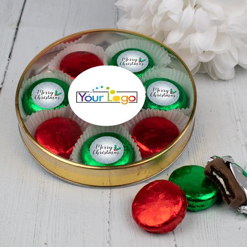Personalized Add Your Logo' Merry Christmas Gold Large Plastic Tin with 8 Chocolate Covered Oreo Cookies